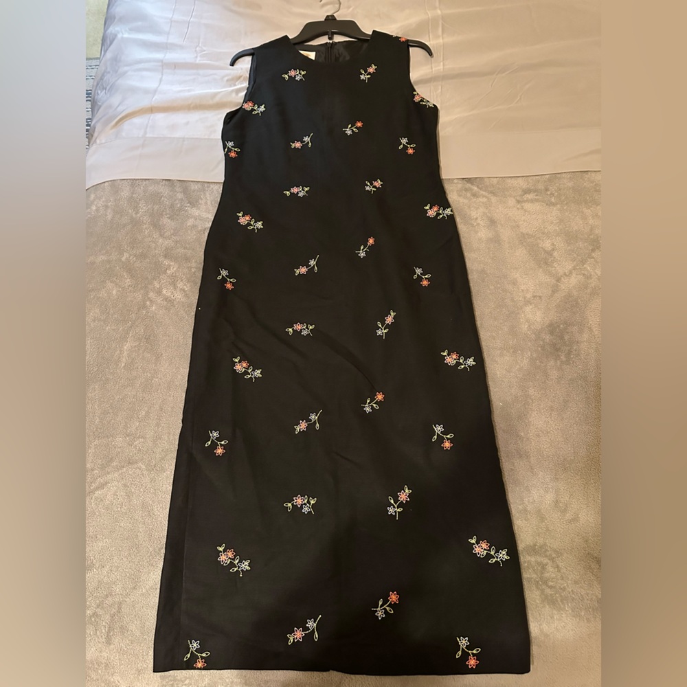 Talbots Linen Dress Maxi Sleeveless Black Floral Embroidered Lined. Size 8. - Picture 10 of 14